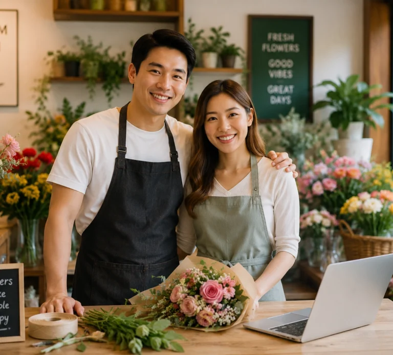 Florist business owners working together in their shop