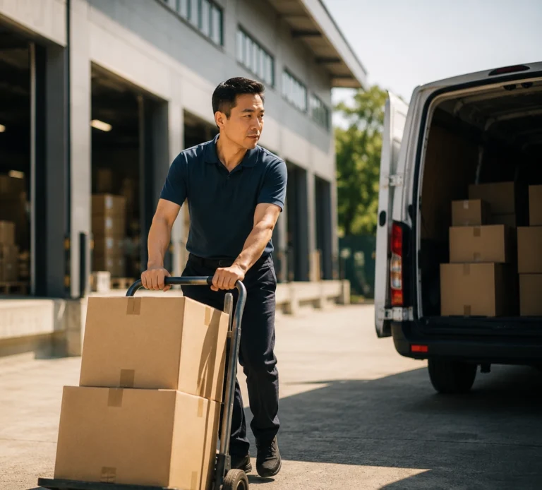 Local service professional standing beside his work van
