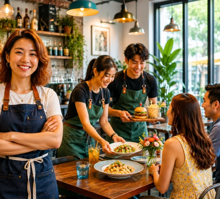 Restaurant business owner preparing the dining space