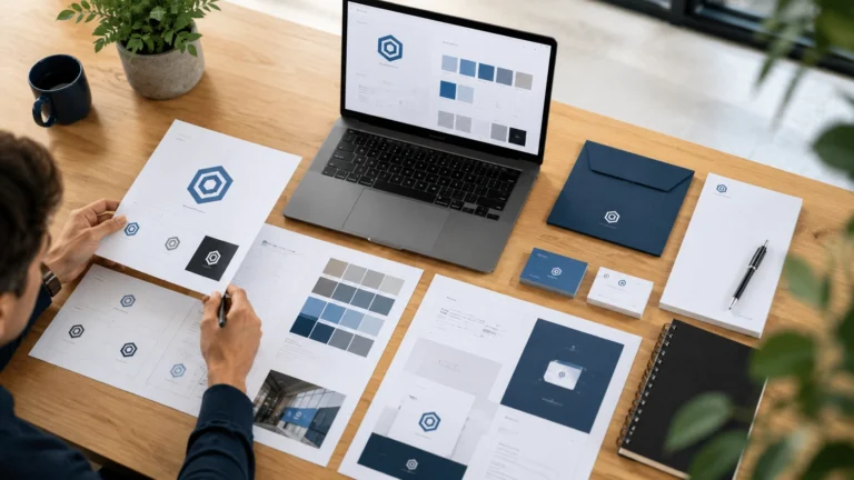 Business owner reviewing logo concepts, brand colours and stationery in a modern branding workspace