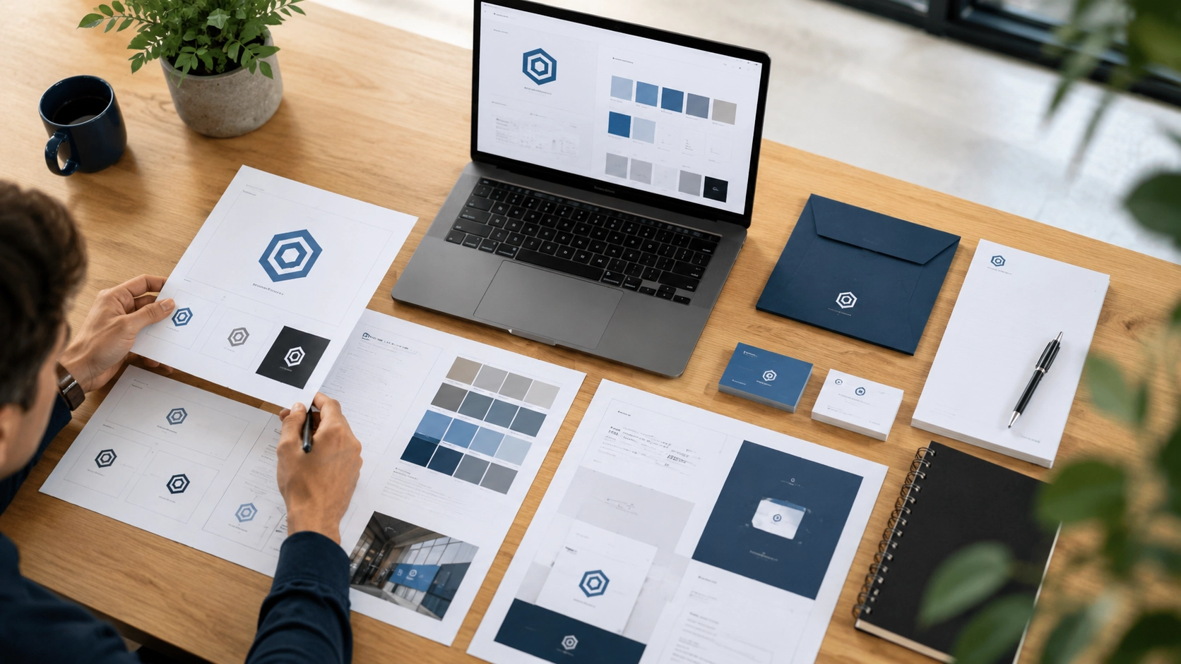 Business owner reviewing logo concepts, brand colours and stationery in a modern branding workspace