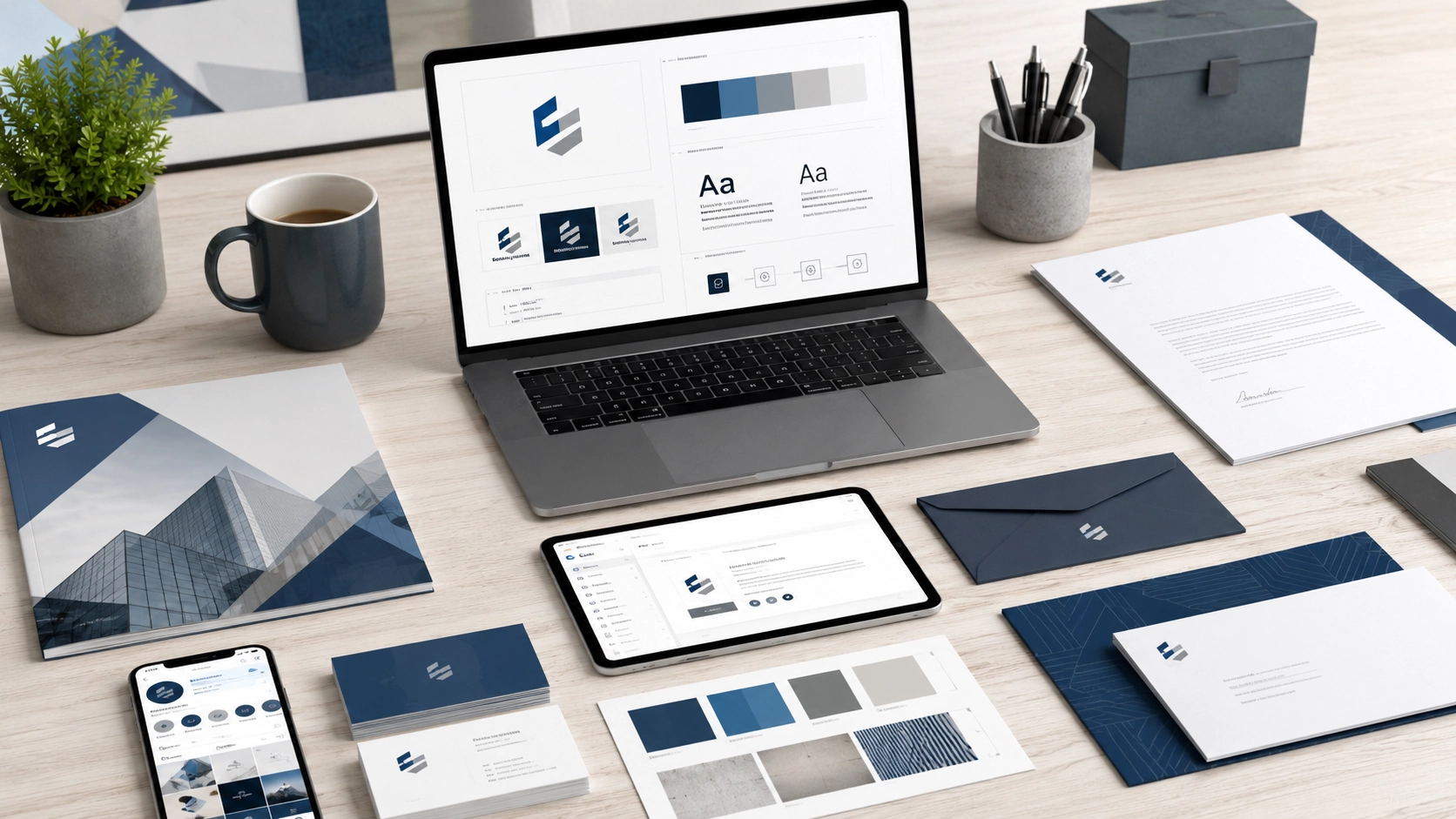 Complete set of branding materials including logo, colour palette, stationery and digital assets arranged on a modern workspace