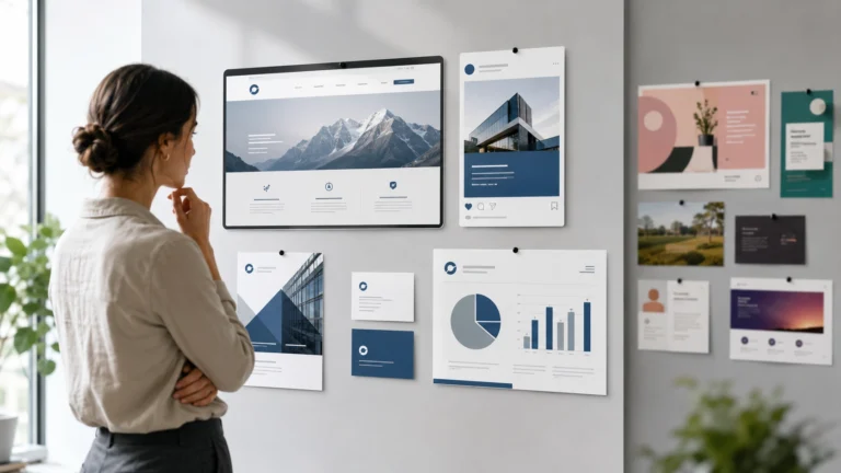 Business owner reviewing consistent brand design across a website, social media, stationery and presentation materials