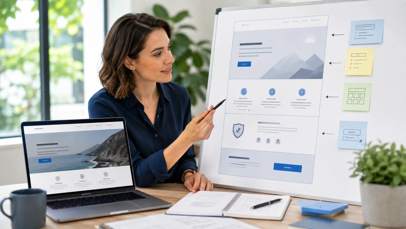 Business owner planning homepage copy, service sections and calls to action using a website wireframe