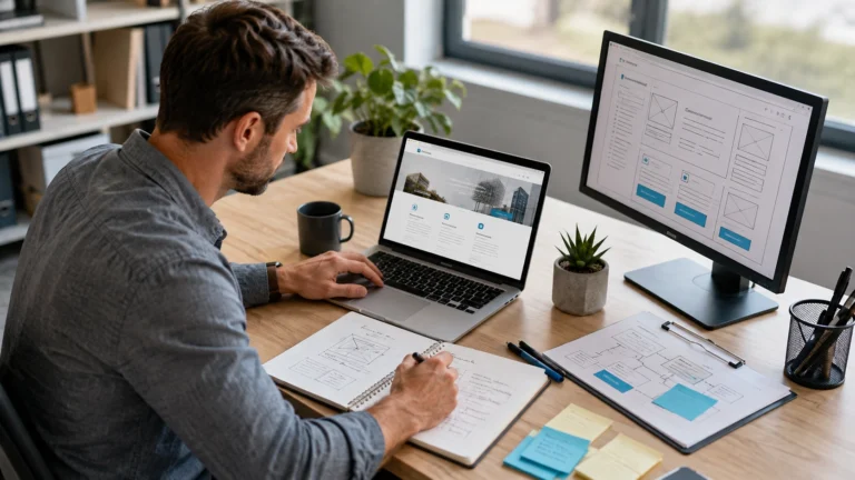 Content writer reviewing website copy, homepage structure and call-to-action messaging in a modern workspace