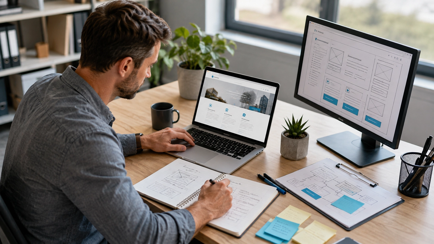 Content writer reviewing website copy, homepage structure and call-to-action messaging in a modern workspace