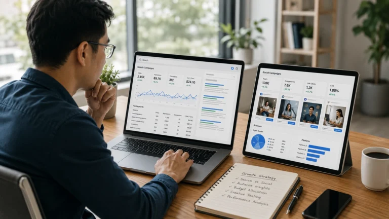 Business owner reviewing search and social advertising performance on a laptop and tablet in a modern office workspace