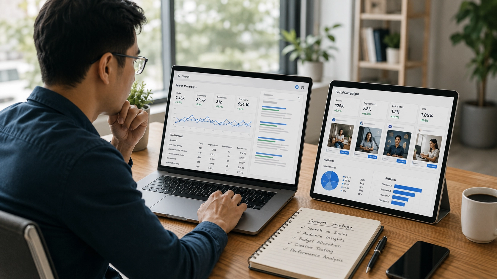 Business owner reviewing search and social advertising performance on a laptop and tablet in a modern office workspace