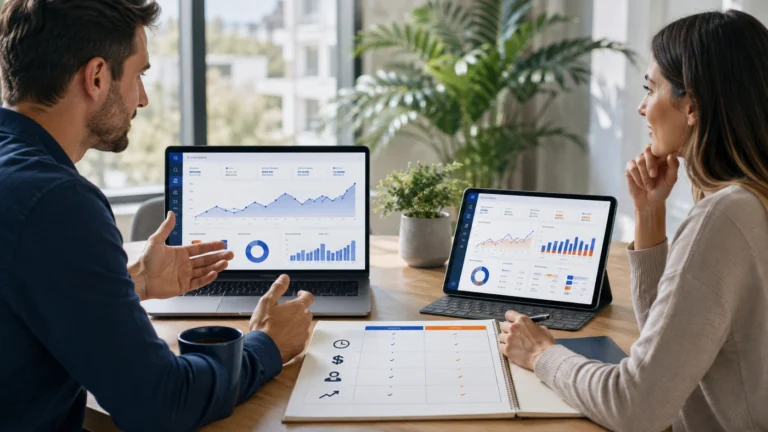 Business owner comparing SEO performance and Google Ads campaign results in a modern office