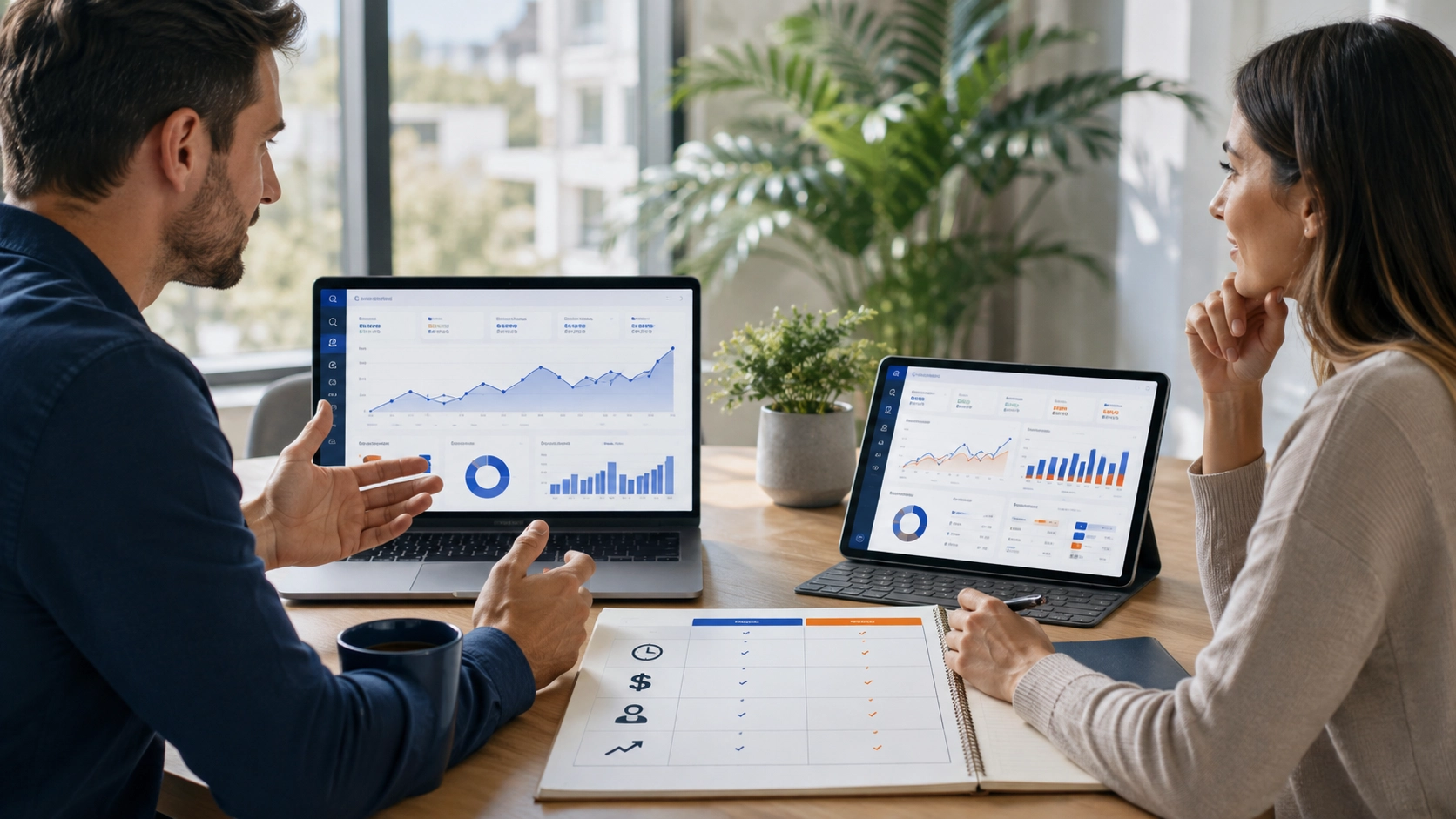 Business owner comparing SEO performance and Google Ads campaign results in a modern office
