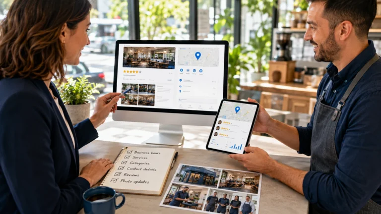 Business owner improving a local business profile with map visibility, reviews, photos and service information