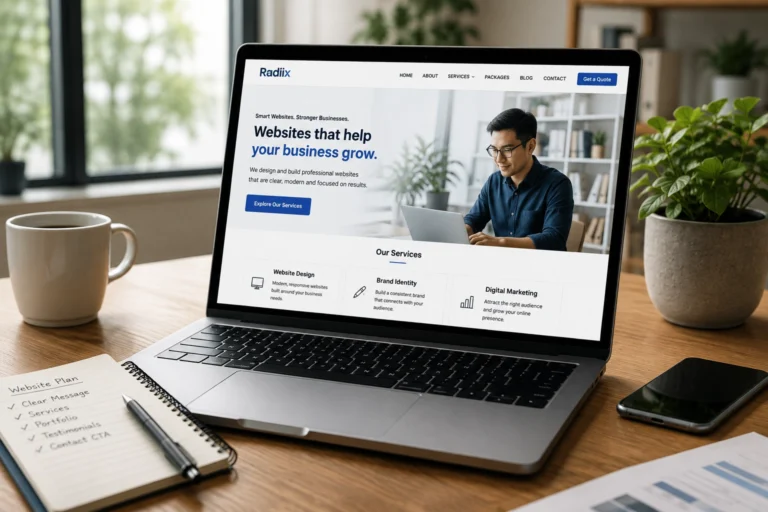 Professional small business website displayed on a laptop in a modern office