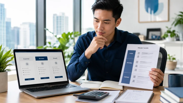 Business owner comparing website packages, project scope and budget requirements in a modern office
