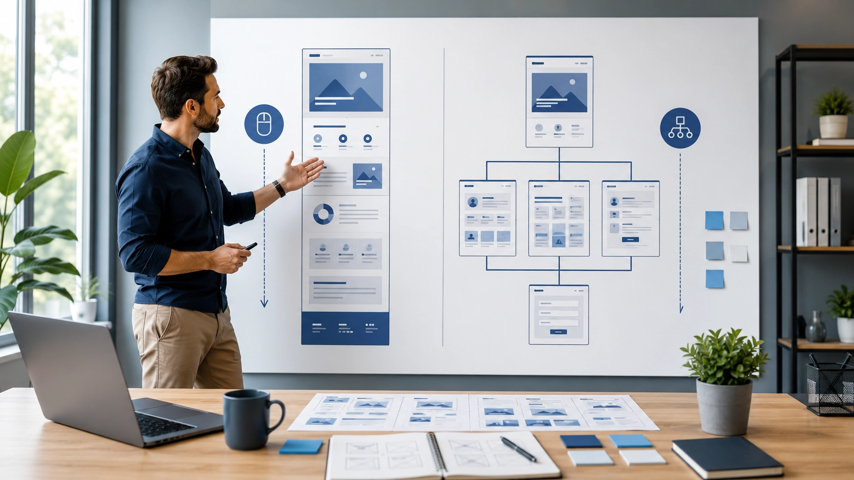 Business owner comparing one-page and multi-page website structures using wireframes and a sitemap